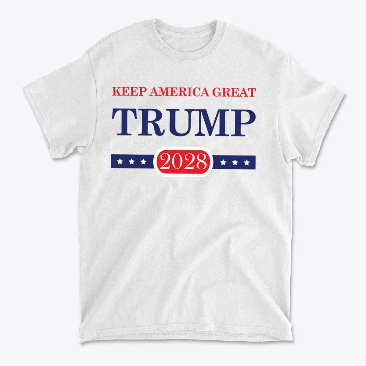 Support Trump Keep America 2028 graphic t-shirt featuring patriotic design in red, white, and blue colors.