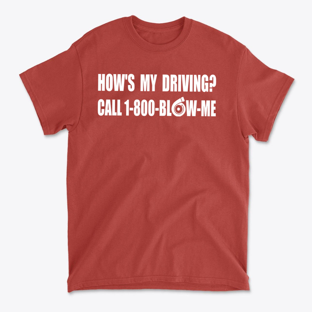 How is My Driving Novelty Car Tee in red with humorous graphic design, featuring text about driving.