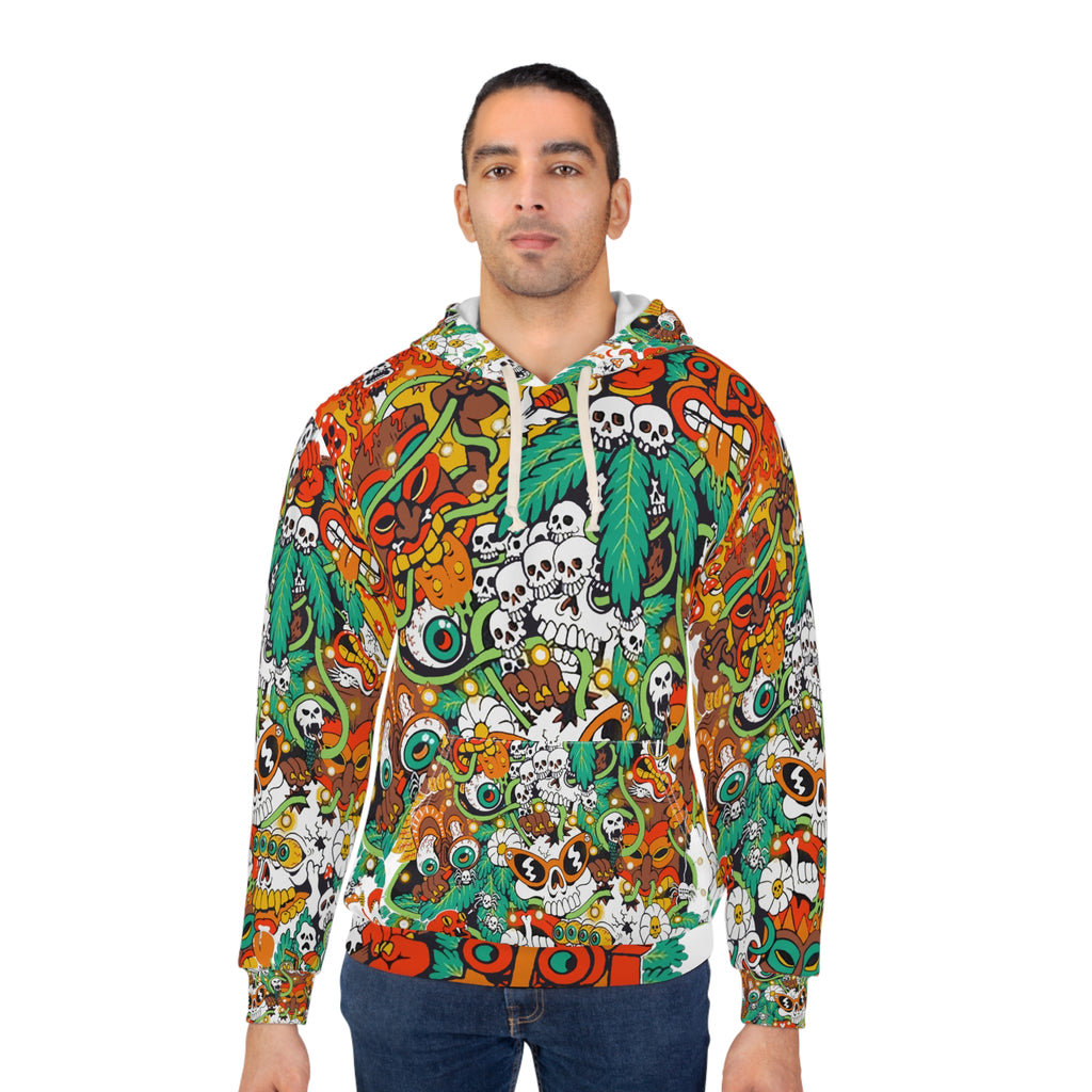 Colorful Day of the Dead Skull Hoodie featuring vibrant sugar skulls and tropical designs.