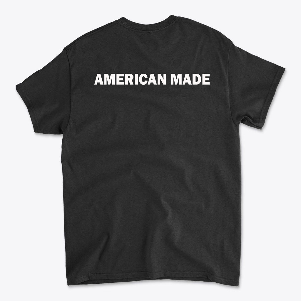 Back view of a black t-shirt featuring the text 'AMERICAN MADE', emphasizing Authentic American Made Apparel.