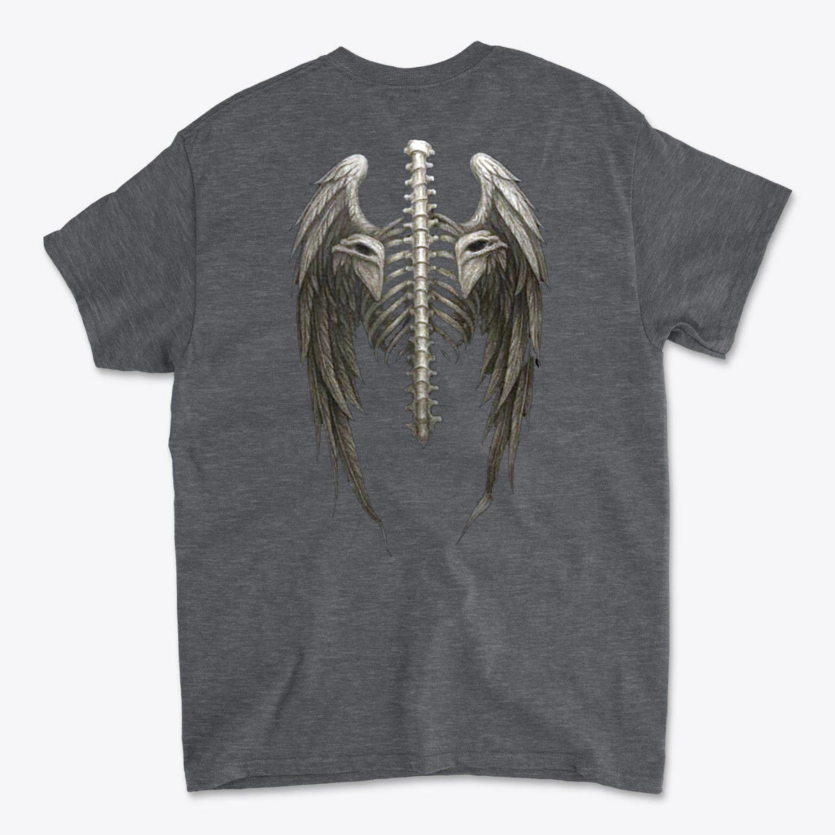 Spine Eagle Wings Back Print Tee featuring a unique graphic of eagle wings and spine on a gray t-shirt.