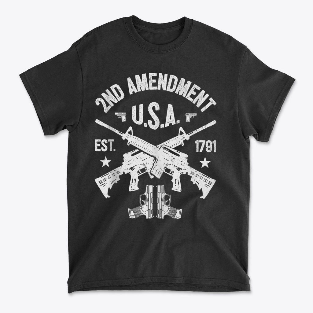 2nd Amendment U.S.A. Est. 1791 graphic t-shirt with gun designs on a black background.