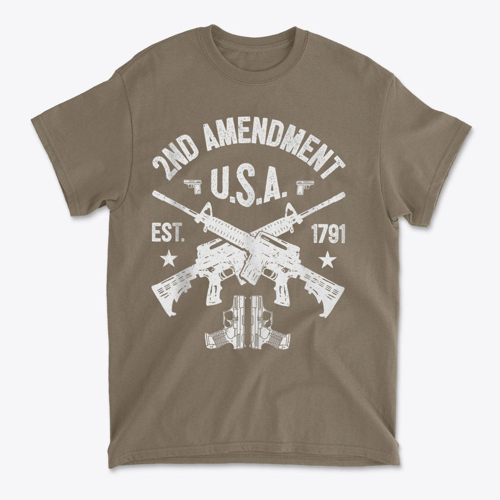 2nd Amendment U.S.A. Est. 1791 graphic t-shirt featuring crossed rifles and patriotic design.