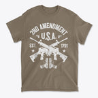 2nd Amendment U.S.A. Est. 1791 graphic t-shirt featuring crossed rifles and patriotic design.