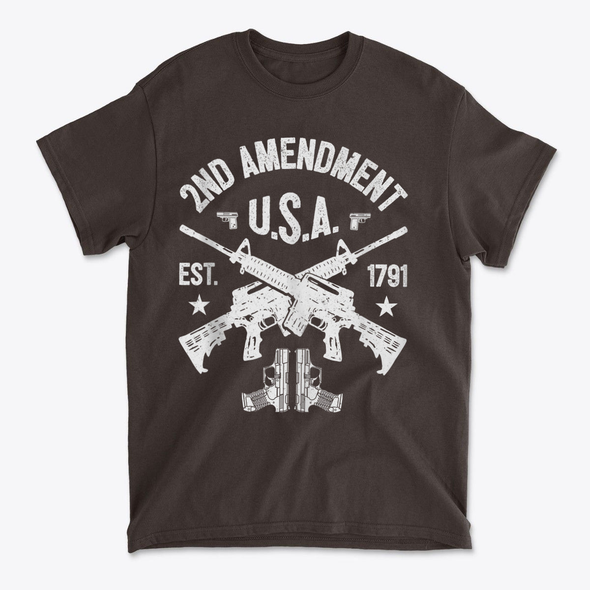 2nd Amendment U.S.A. Est. 1791 graphic t-shirt featuring guns and patriotic design.