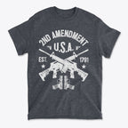 2nd Amendment U.S.A. Est. 1791 graphic t-shirt featuring crossed rifles and a conservative design.