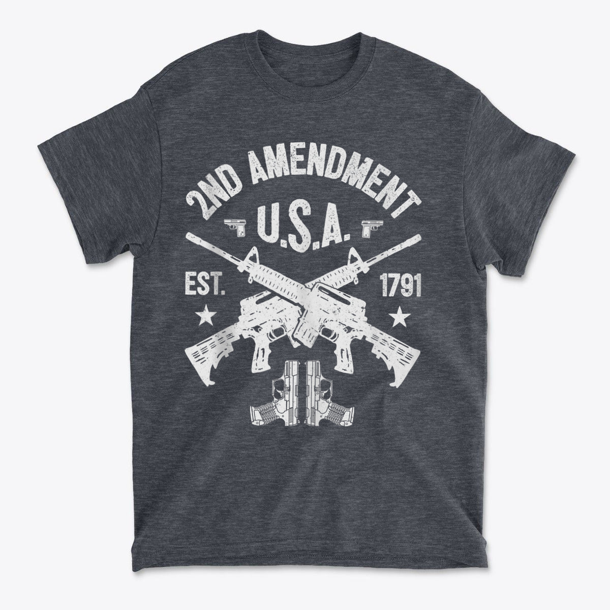 2nd Amendment U.S.A. Est. 1791 graphic t-shirt featuring crossed rifles and a conservative design.