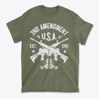 2nd Amendment U.S.A. Est. 1791 graphic t-shirt featuring crossed rifles and patriotic design.