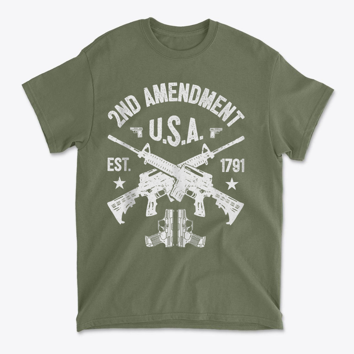2nd Amendment U.S.A. Est. 1791 graphic t-shirt featuring crossed rifles and patriotic design.