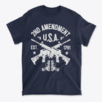 2nd Amendment U.S.A. Est. 1791 graphic t-shirt featuring crossed rifles and patriotic design.
