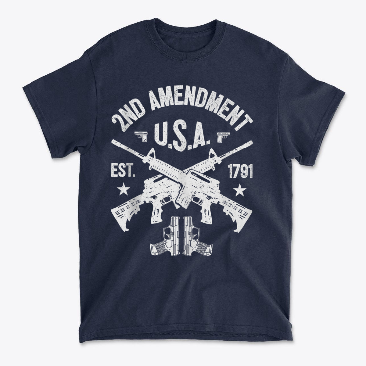 2nd Amendment U.S.A. Est. 1791 graphic t-shirt featuring crossed rifles and patriotic design.