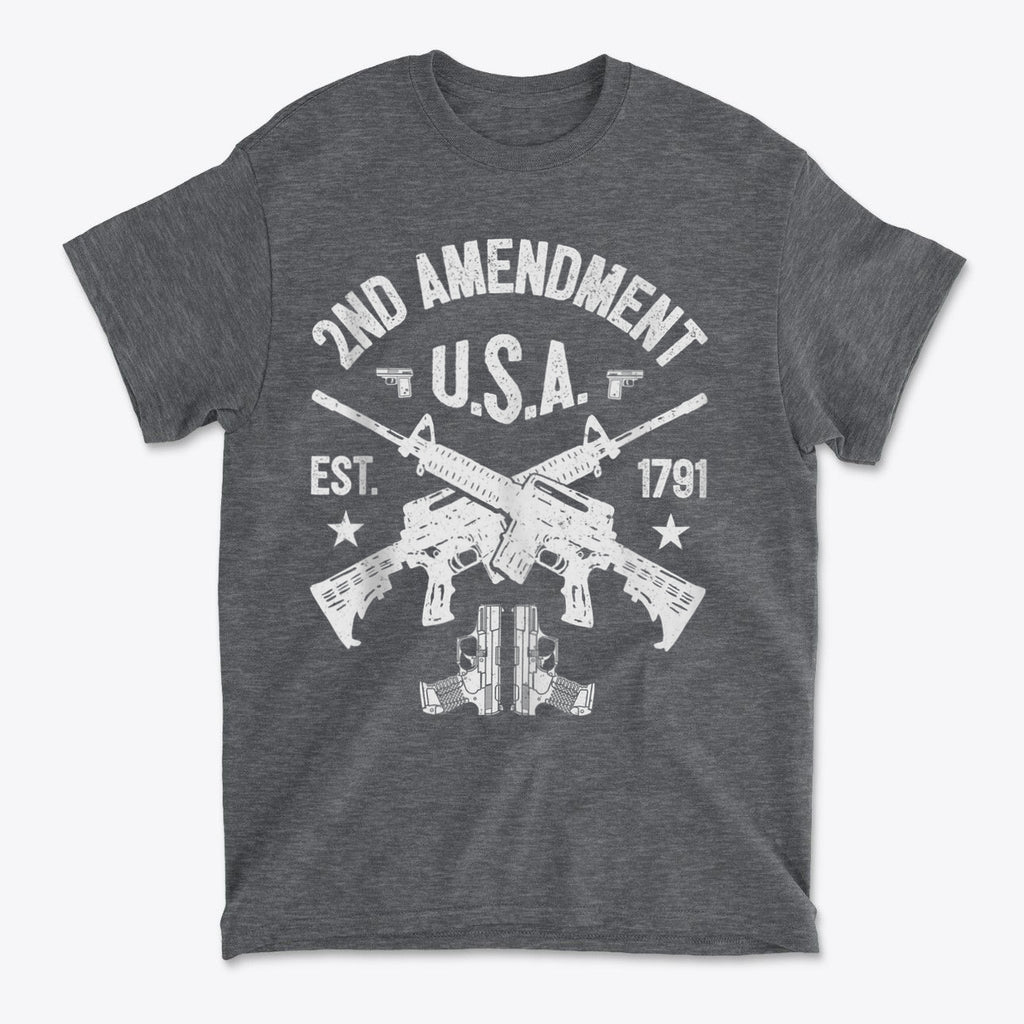 2nd Amendment U.S.A. Est. 1791 graphic t-shirt with rifle design for patriots and conservatives.