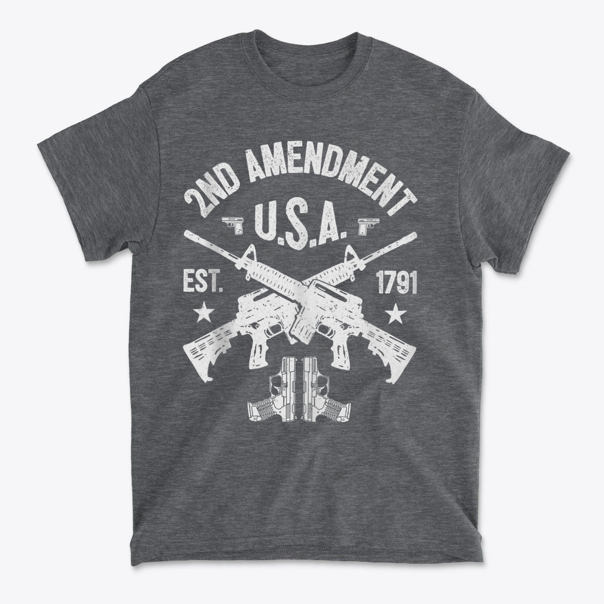 2nd Amendment U.S.A. Est. 1791 graphic t-shirt with rifle design for patriots and conservatives.