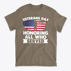 Veterans Day Honoring Our Heros graphic t-shirt featuring patriotic design with American flag and text.