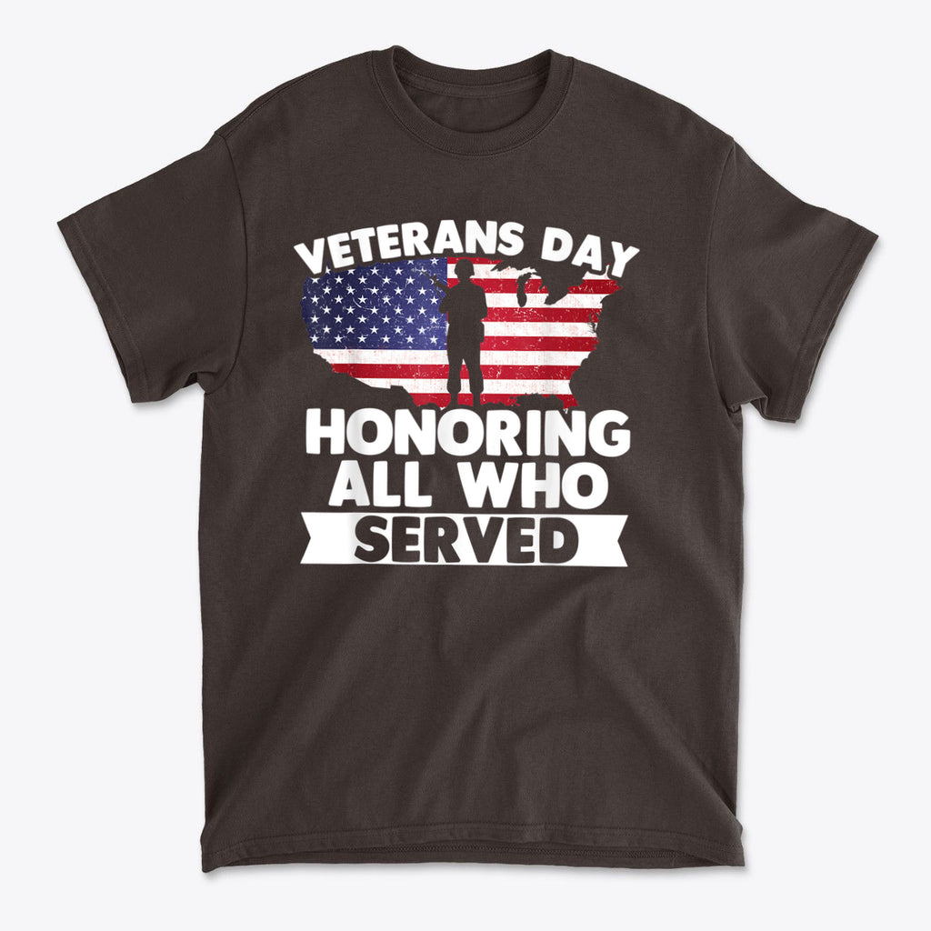 Veterans Day Honoring Our Heros graphic t-shirt featuring American flag design and tribute to all who served.