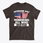 Veterans Day Honoring Our Heros graphic t-shirt featuring American flag design and tribute to all who served.