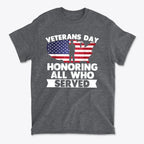 Veterans Day Honoring Our Heros graphic t-shirt featuring patriotic design and text honoring service.