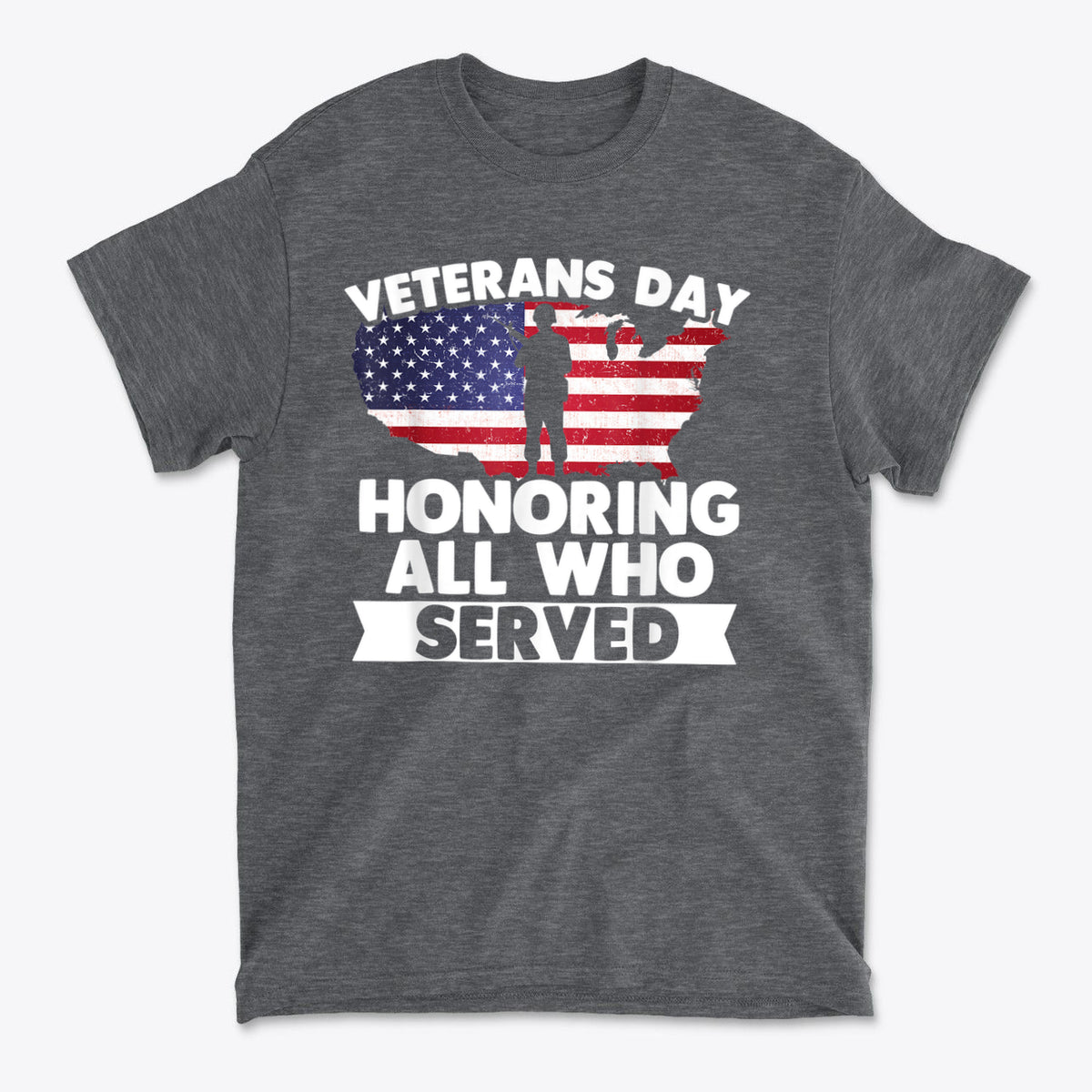 Veterans Day Honoring Our Heros graphic t-shirt featuring patriotic design and text honoring service.