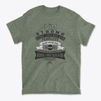 Strength After Being Weak Design premium graphic t-shirt with motivational message on a green background.