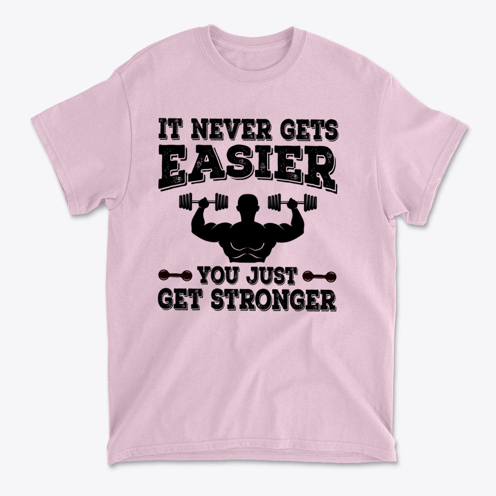Getting Stronger Every Single Day graphic t-shirt featuring muscular figure and motivational quote.
