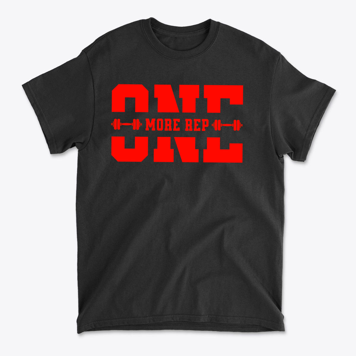 Always Push For One More Rep Now black graphic tee featuring bold red text and weightlifting icons.
