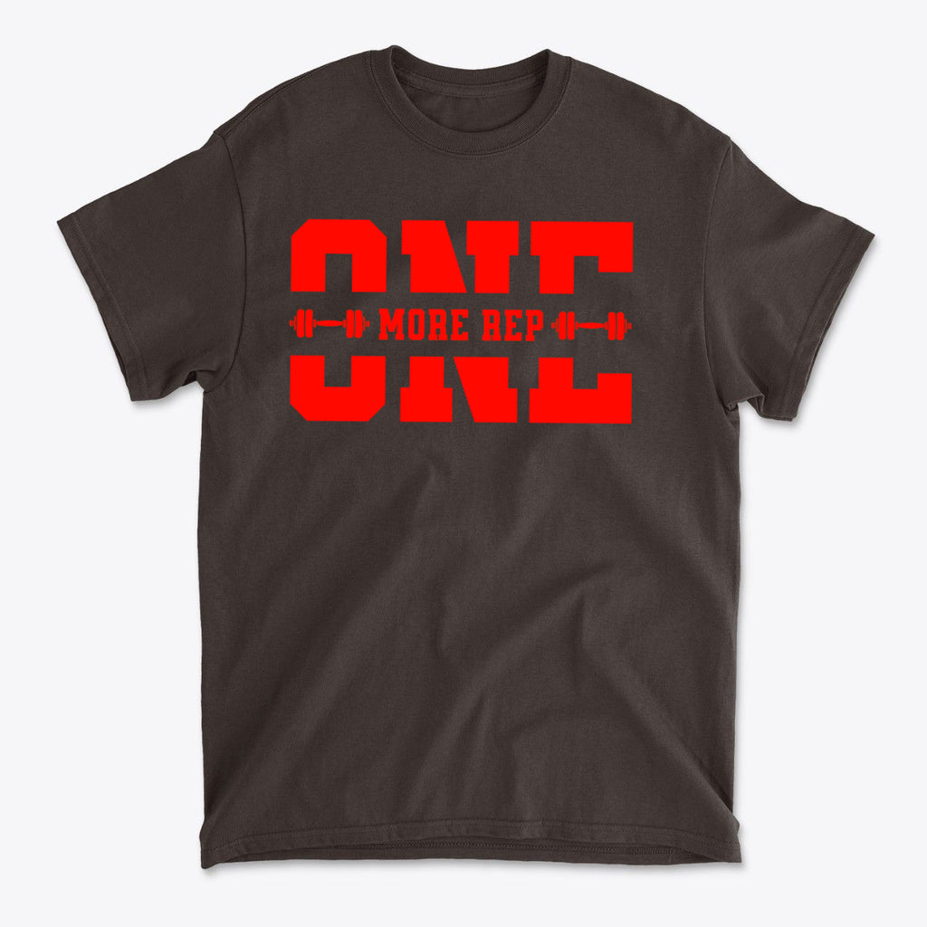 Always Push For One More Rep Now graphic tee in dark color with bold red text design.