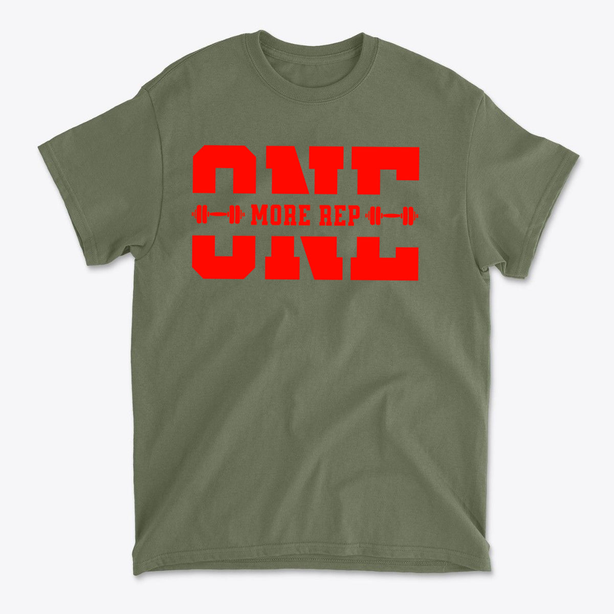 Always Push For One More Rep Now graphic tee in olive green with bold red text.