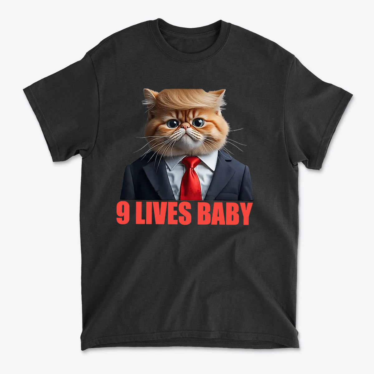 9 Lives Baby Cute Cat Graphic Casual T-Shirt Design featuring a cat in a suit with text.