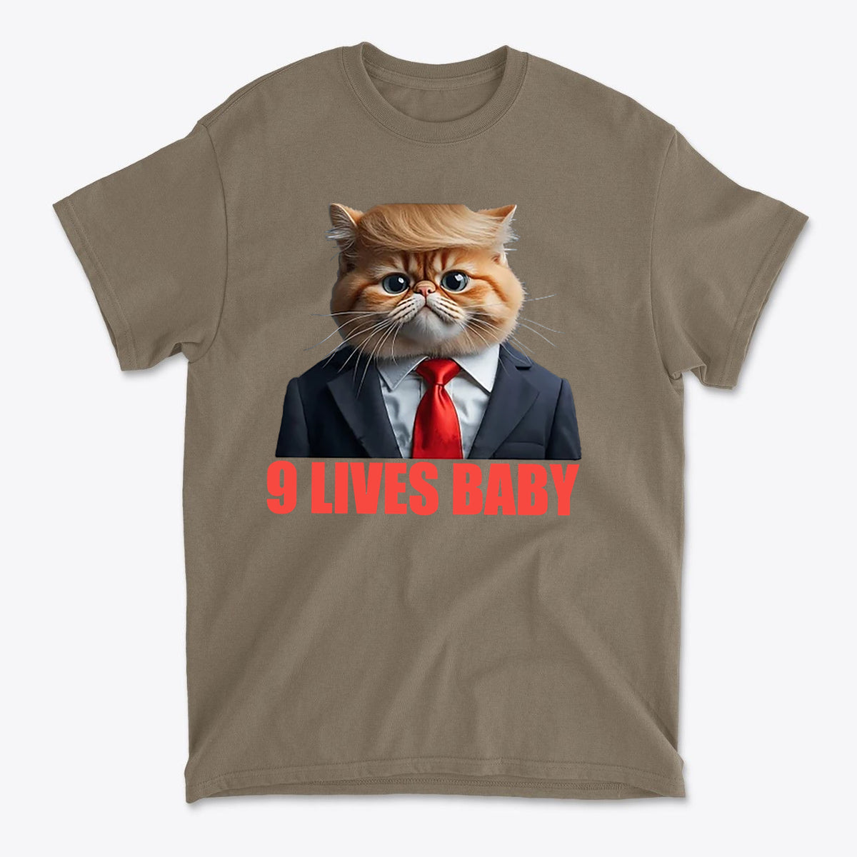 9 Lives Baby Cute Cat Graphic Casual T-Shirt Design featuring a cat in a suit and tie with a playful expression.