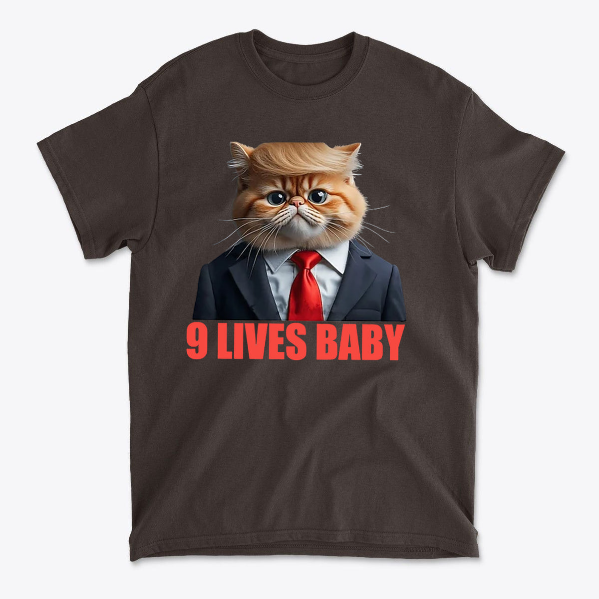 9 Lives Baby Cute Cat Graphic Casual T-Shirt Design featuring a cat in a suit with funny expression.