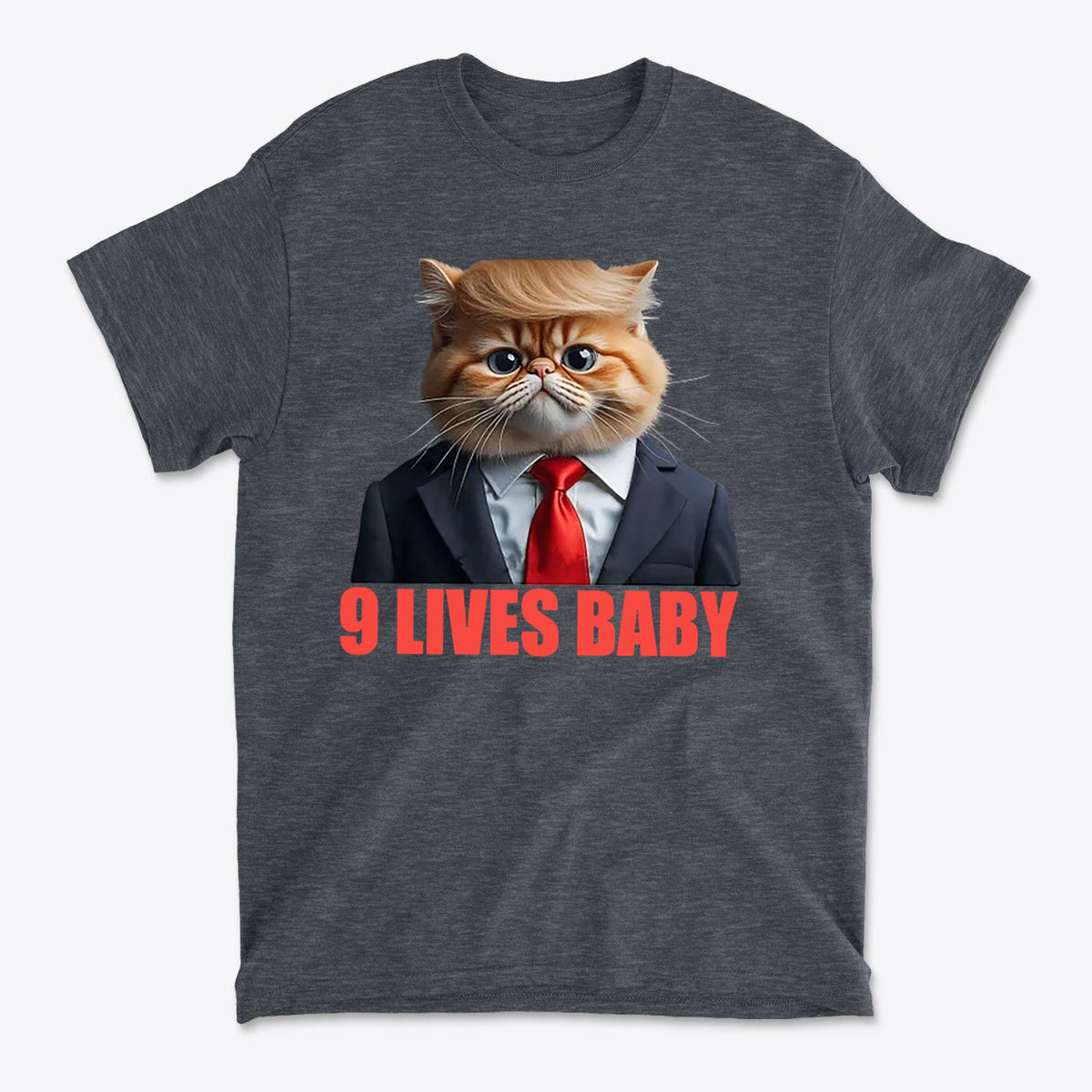 9 Lives Baby Cute Cat Graphic Casual T-Shirt Design featuring a cat in a suit with a playful expression.