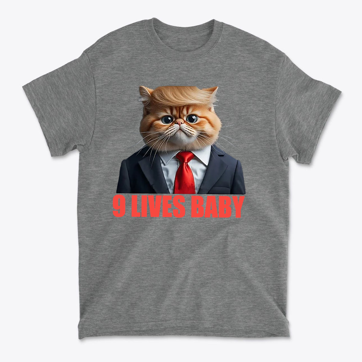 9 Lives Baby Cute Cat Graphic Casual T-Shirt Design featuring a cat in a suit with a playful expression.