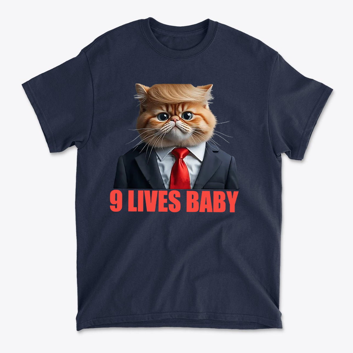 9 Lives Baby Cute Cat Graphic Casual T-Shirt Design featuring a cat in a suit with a playful expression.