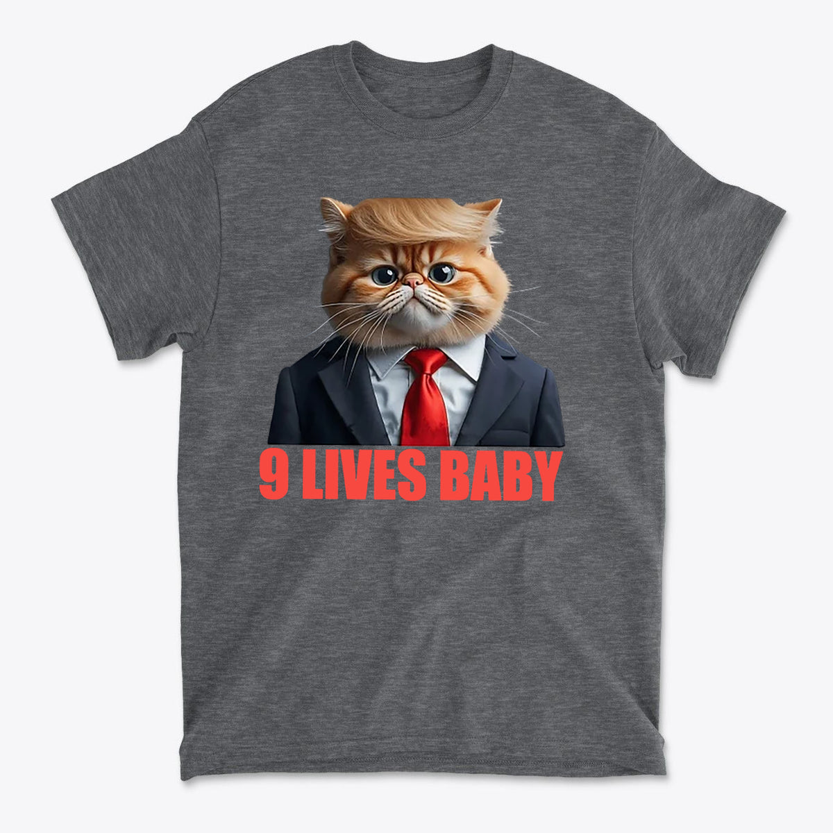 9 Lives Baby Cute Cat Graphic Casual T-Shirt Design featuring a cat in a suit with a playful expression.