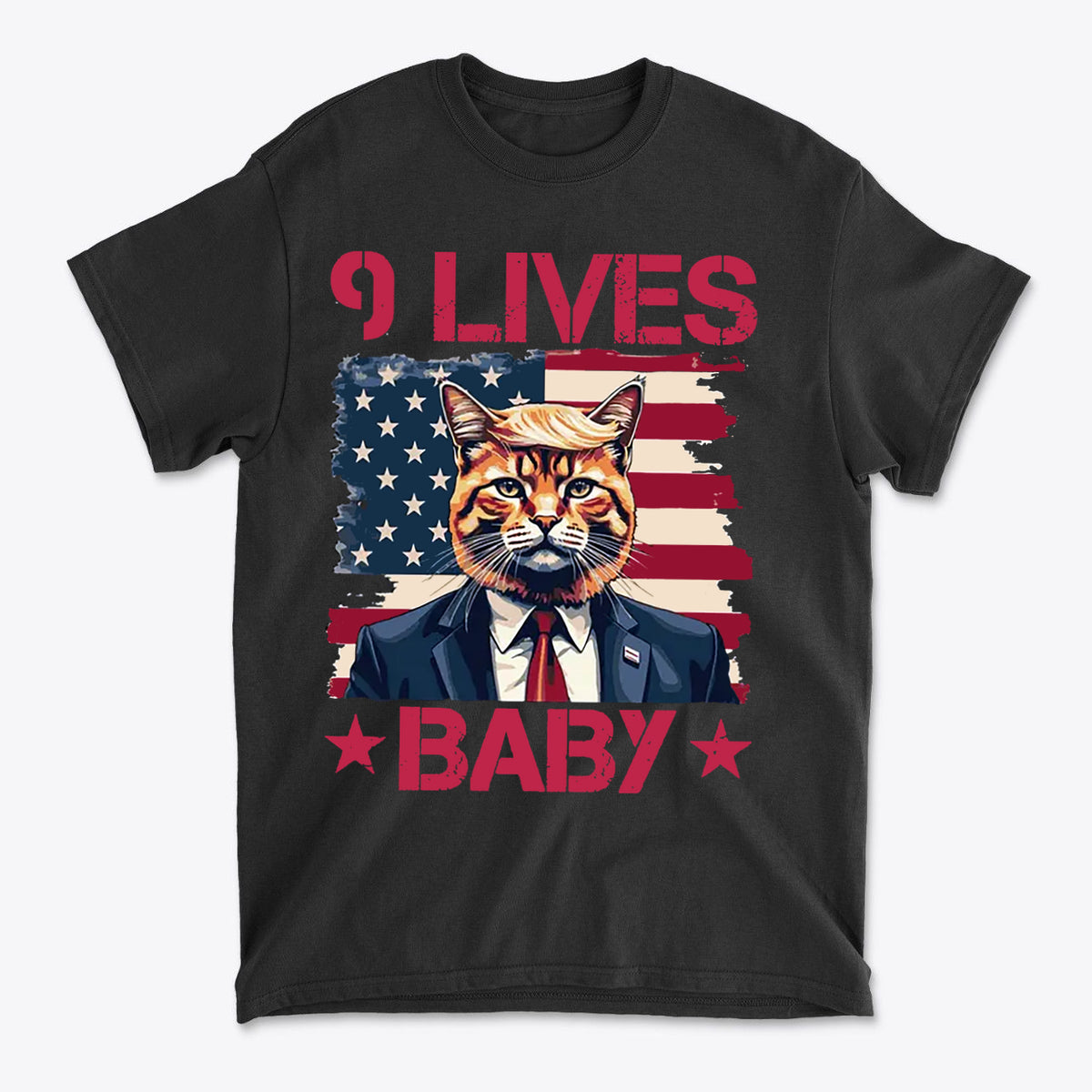Nine Lives Baby Red Letters Art graphic tee featuring a cat in a suit against the American flag background.