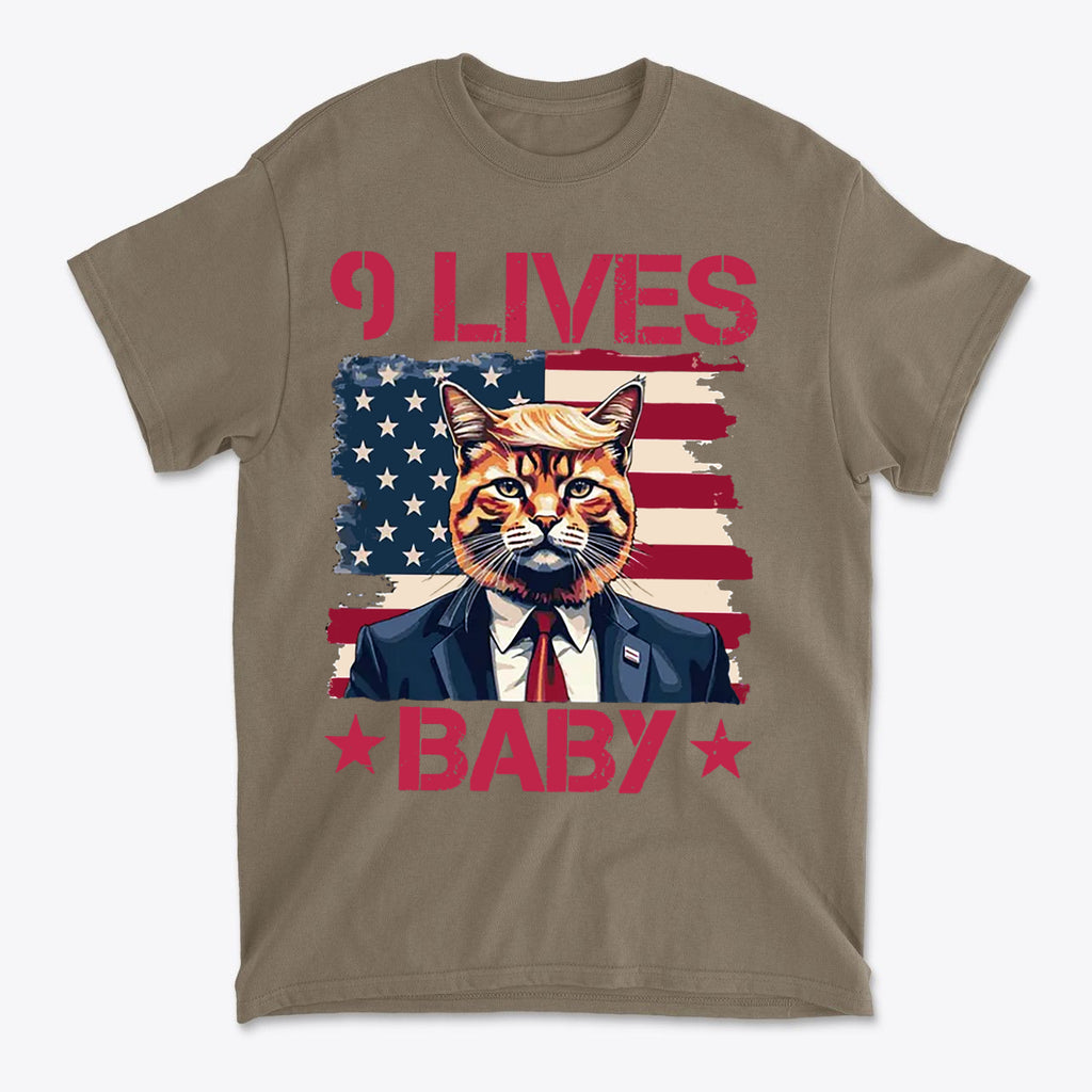 Nine Lives Baby Red Letters Art graphic tee featuring a cat in a suit against a flag background.