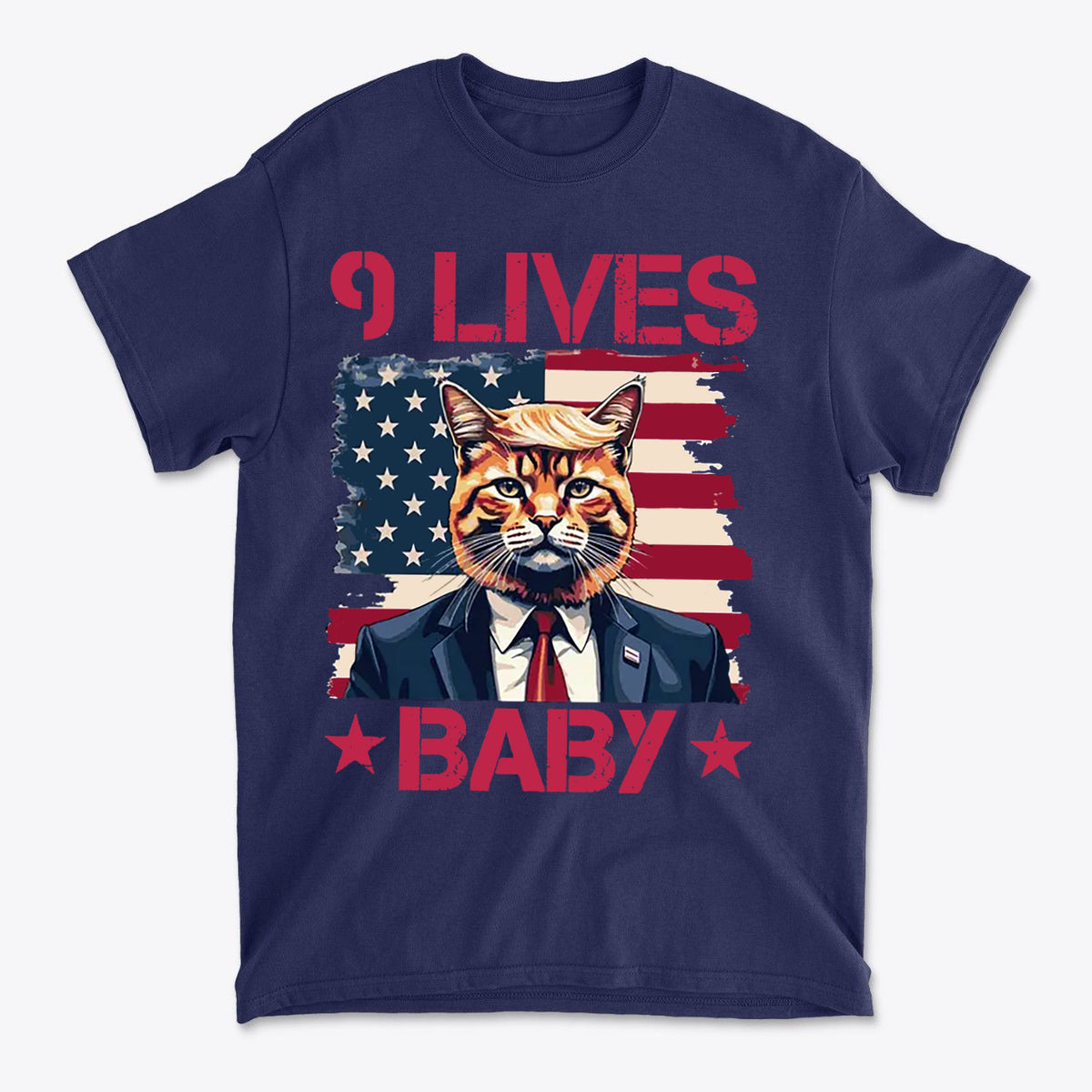 Nine Lives Baby Red Letters Art graphic tee featuring a cat in a suit against an American flag background.