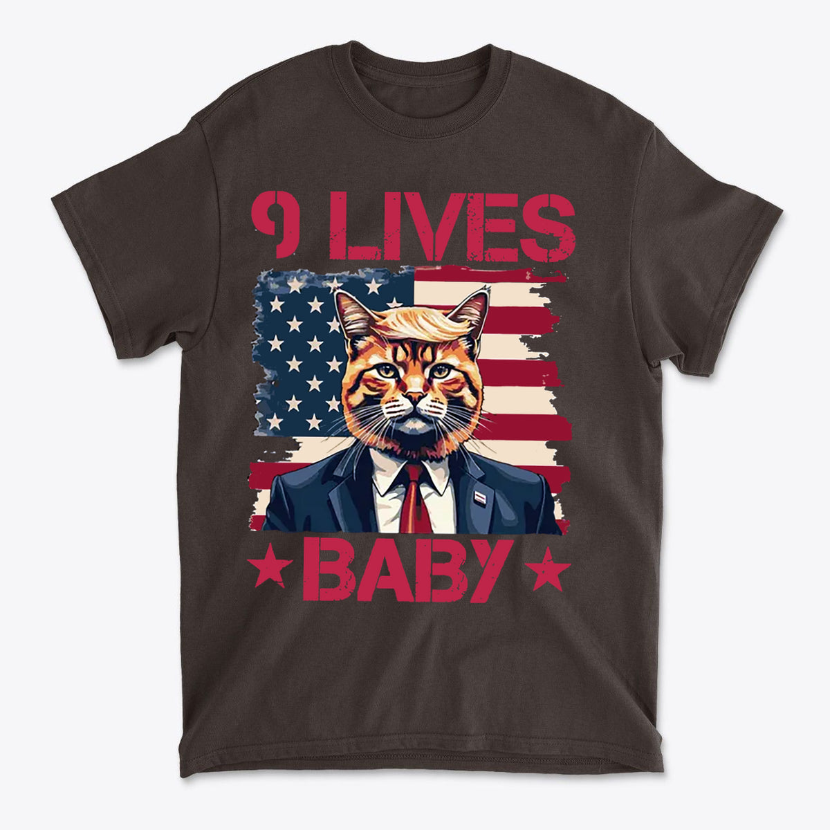 Nine Lives Baby Red Letters Art graphic tee featuring a cat in a suit against an American flag background.
