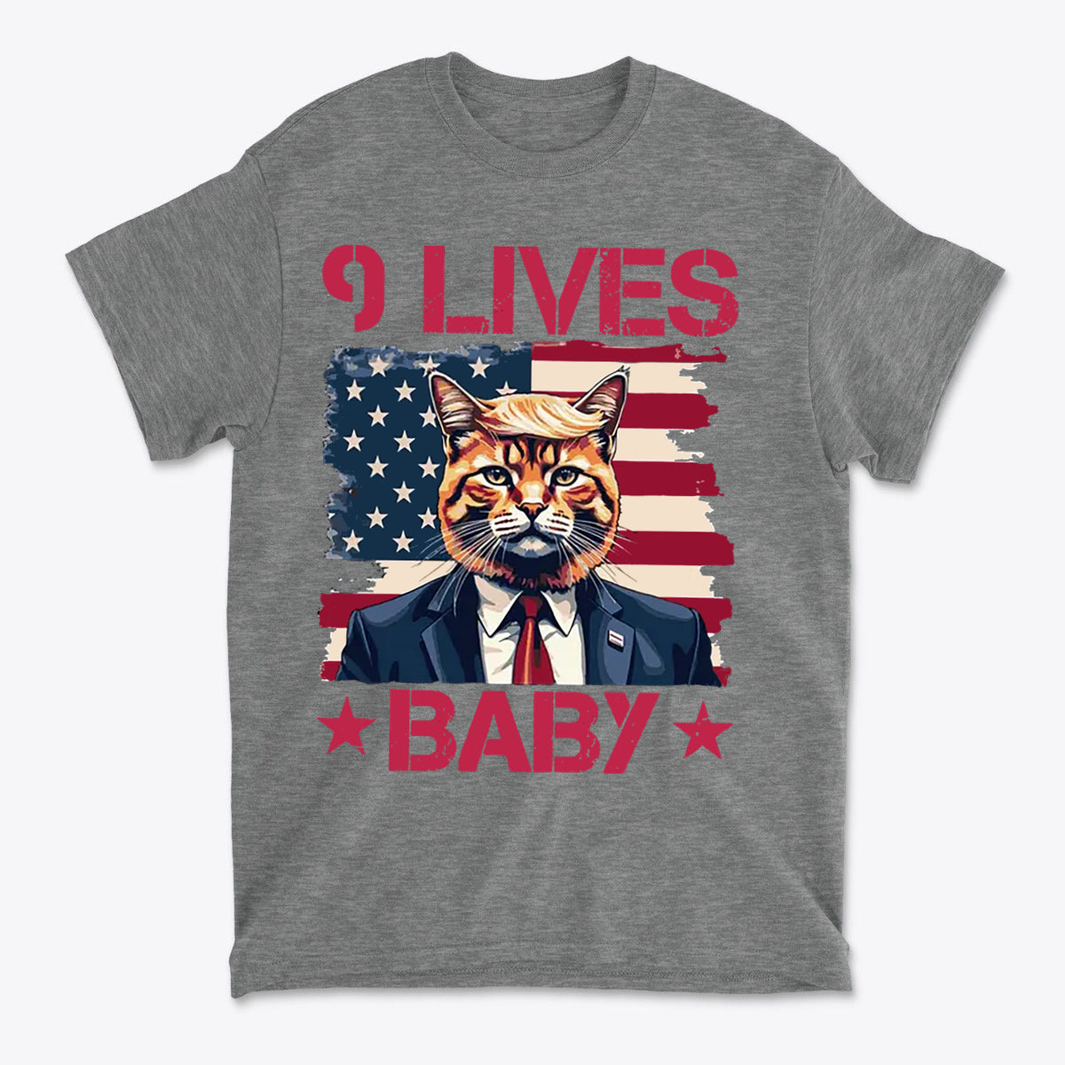 Nine Lives Baby Red Letters Art graphic tee featuring a cat in a suit against an American flag background.