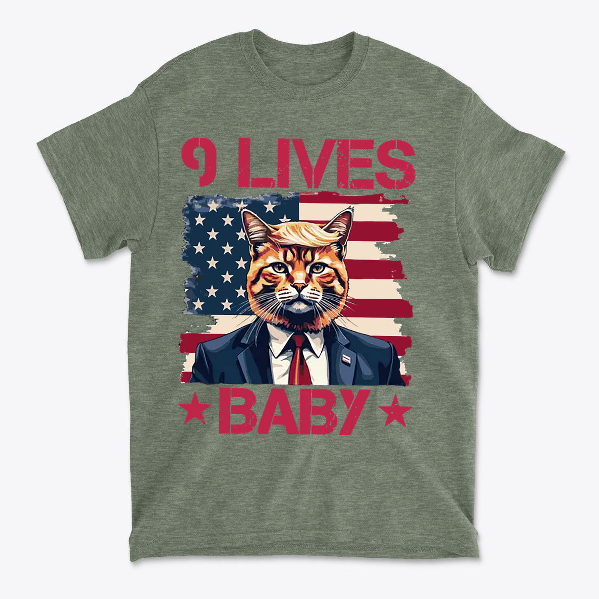 Nine Lives Baby Red Letters Art graphic tee featuring a cat in a suit against an American flag background.