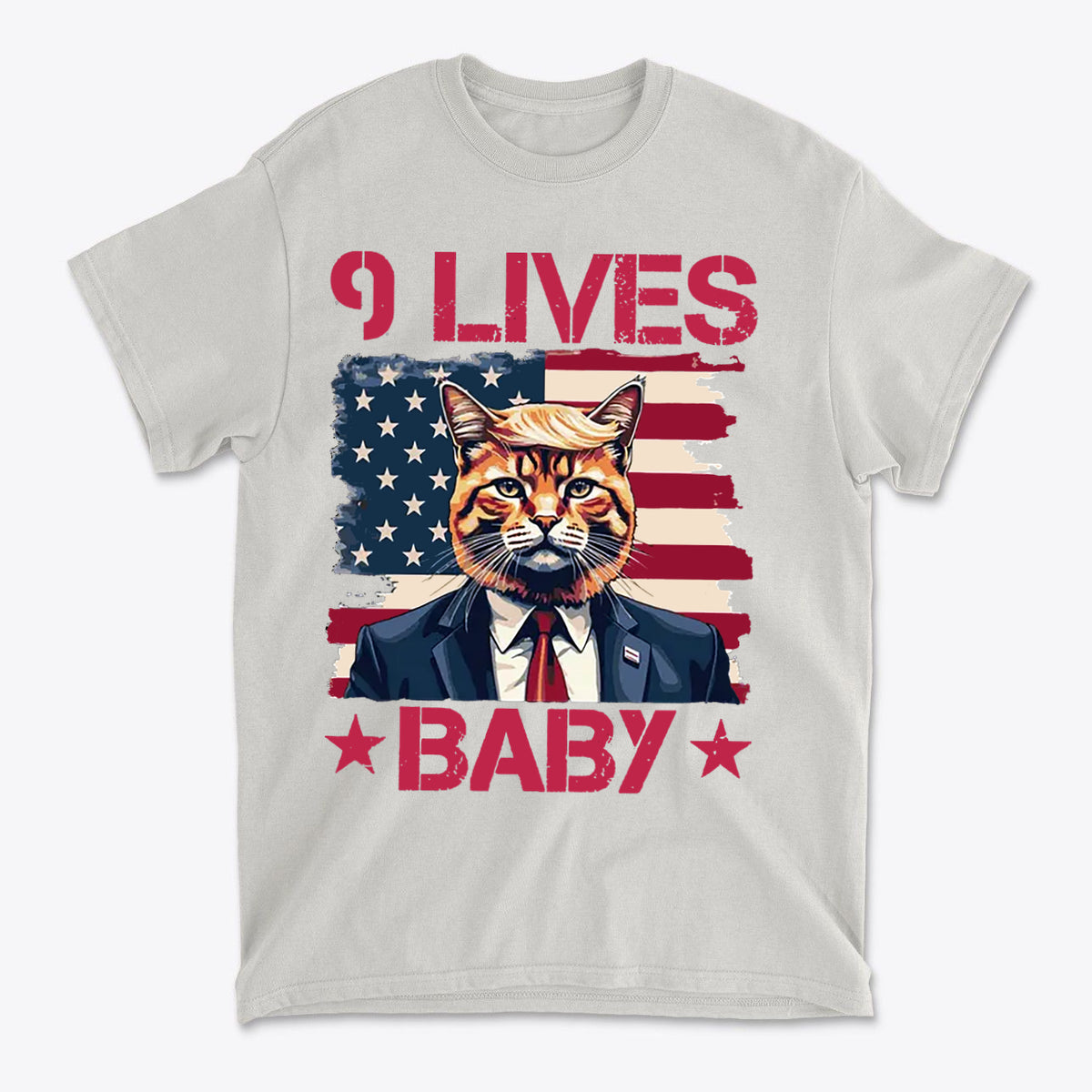 Nine Lives Baby Red Letters Art graphic tee featuring a cat in a suit against an American flag backdrop.