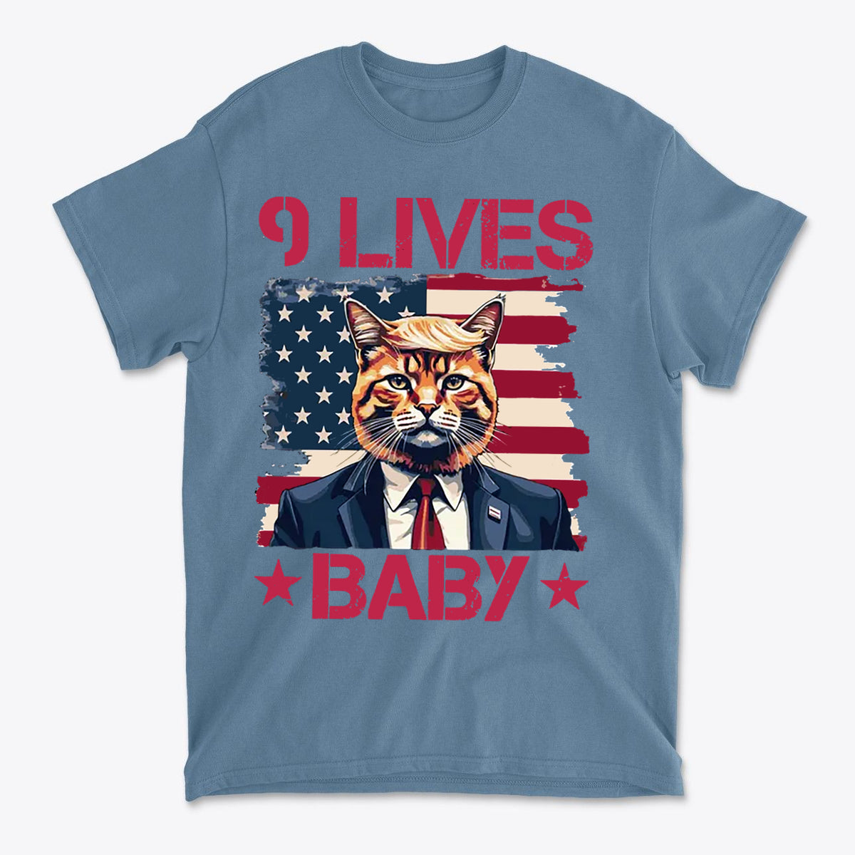 Nine Lives Baby Red Letters Art graphic tee featuring a cat in a suit against an American flag background.