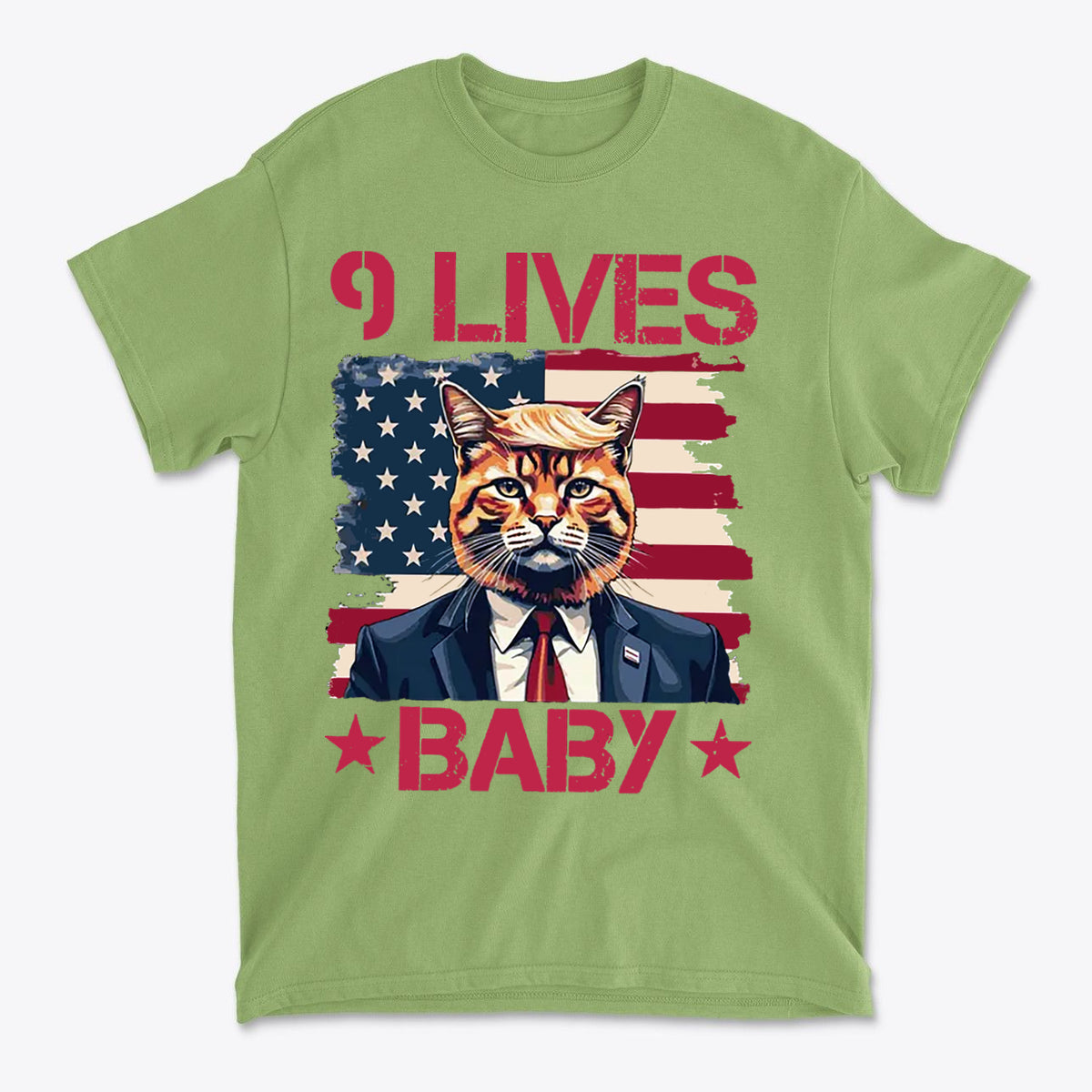 Nine Lives Baby Red Letters Art graphic tee featuring a cat in a suit against an American flag background.
