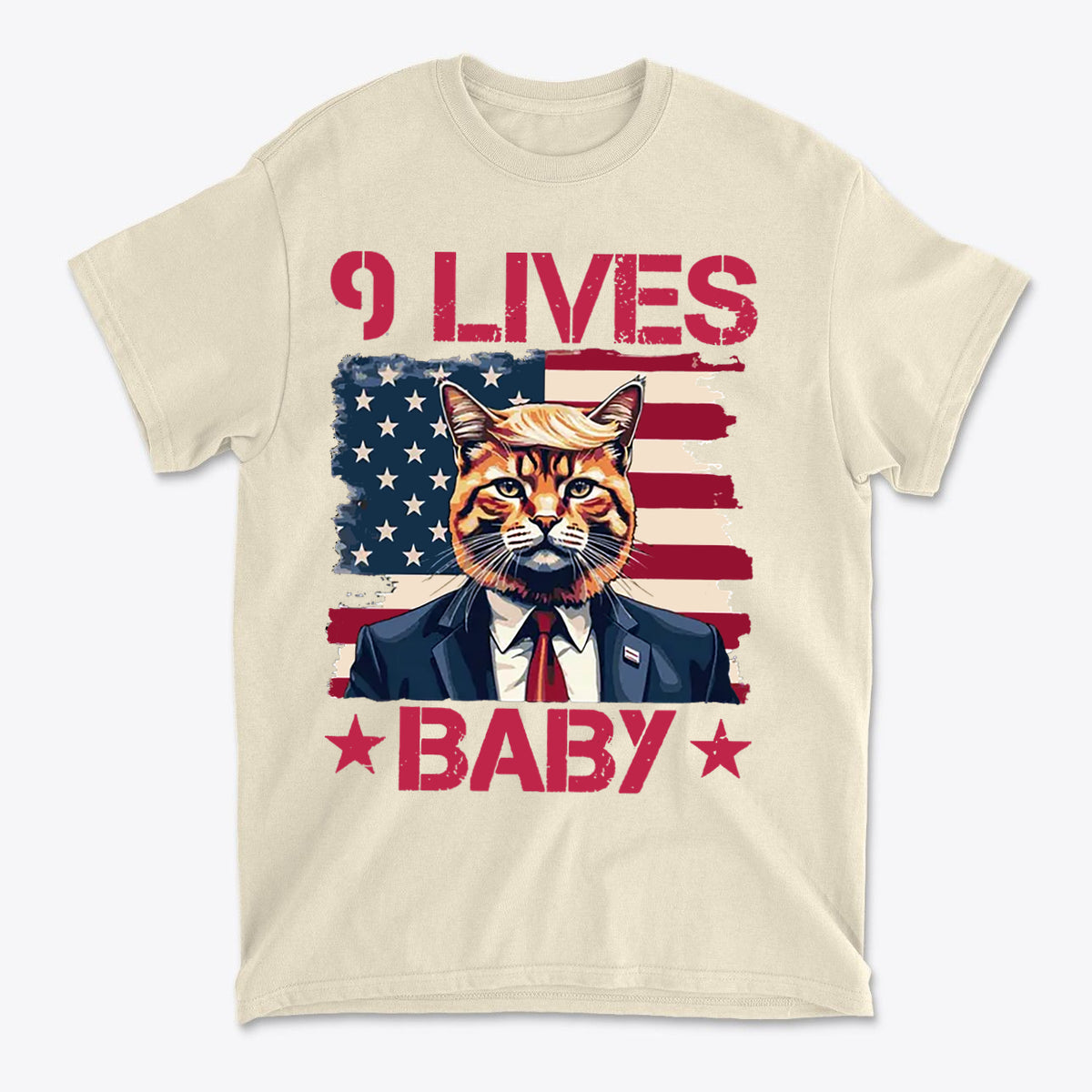 Nine Lives Baby Red Letters Art graphic tee featuring a cat in a suit against an American flag background.