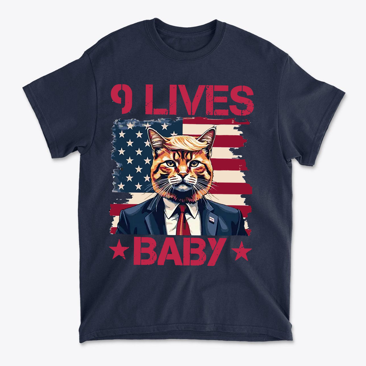 Nine Lives Baby Red Letters Art graphic tee featuring a cat in a suit against an American flag backdrop.
