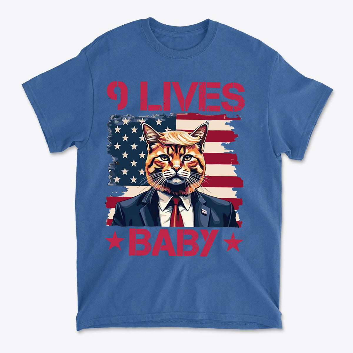 Nine Lives Baby Red Letters Art graphic tee featuring a cat with a suit against an American flag background.