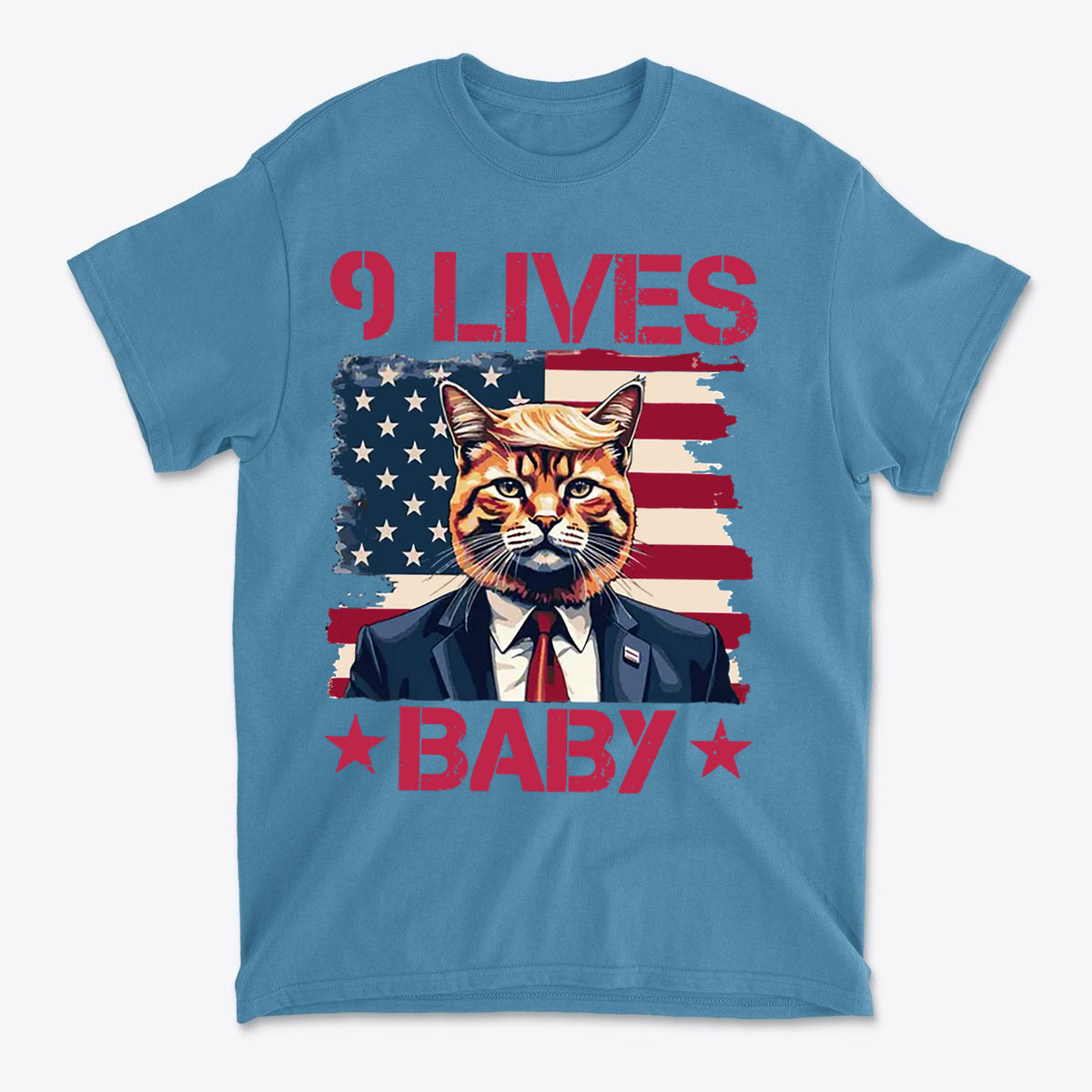 Nine Lives Baby Red Letters Art graphic tee featuring a cat with a suit design on an American flag background.