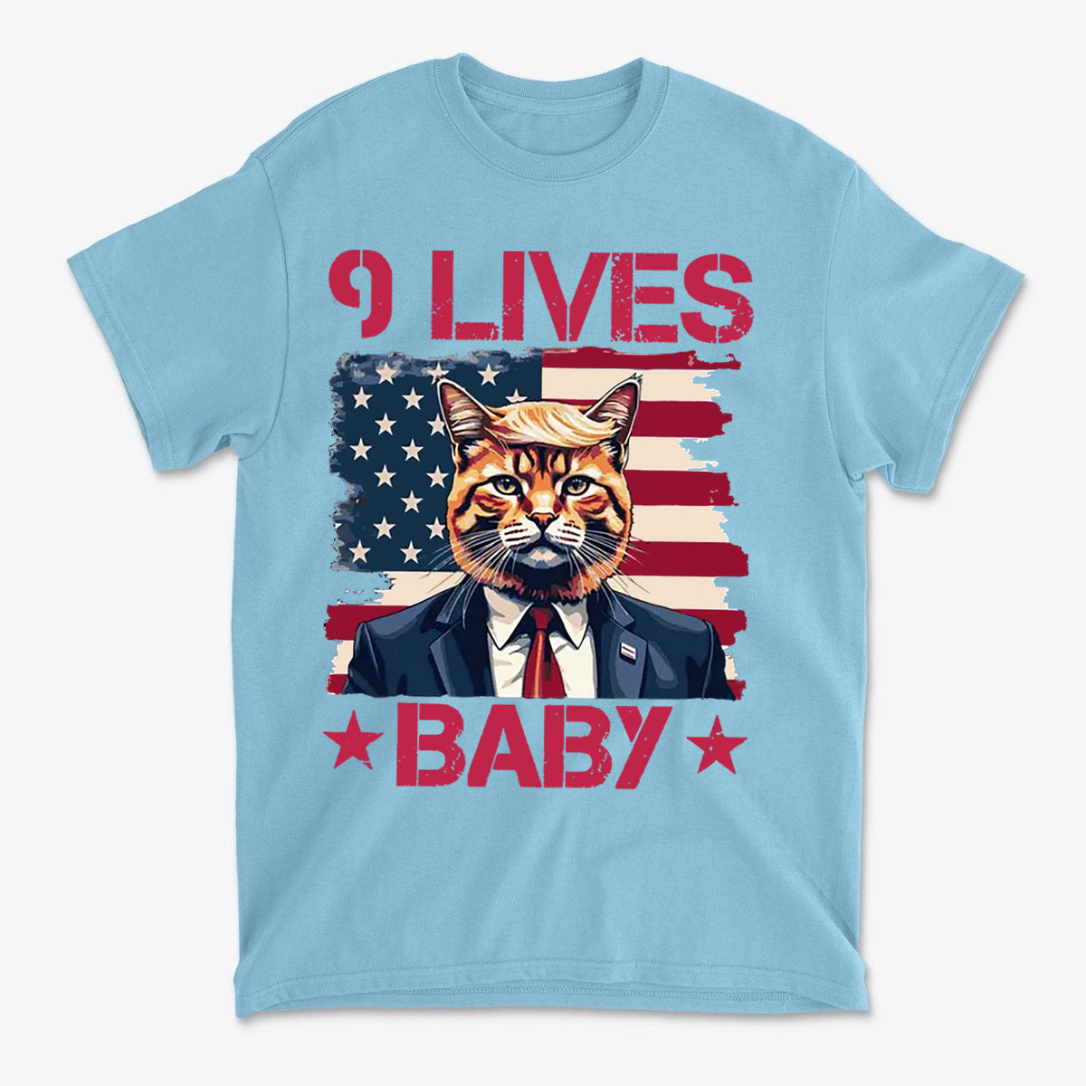 Nine Lives Baby Red Letters Art graphic tee featuring a cat in a suit with an American flag background.