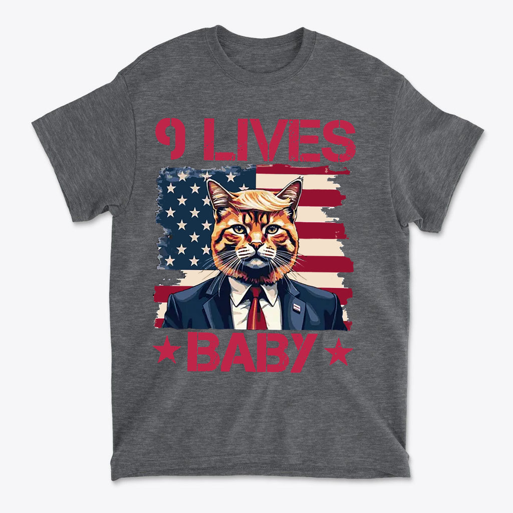 Nine Lives Baby Red Letters Art graphic tee featuring a cat in a suit on an American flag background.