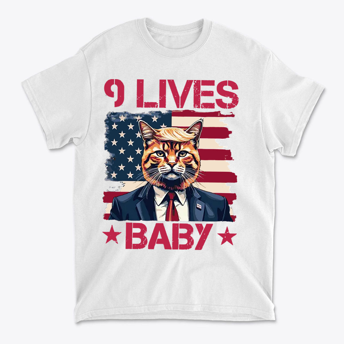 Nine Lives Baby Red Letters Art graphic tee featuring a cat in a suit against an American flag background.